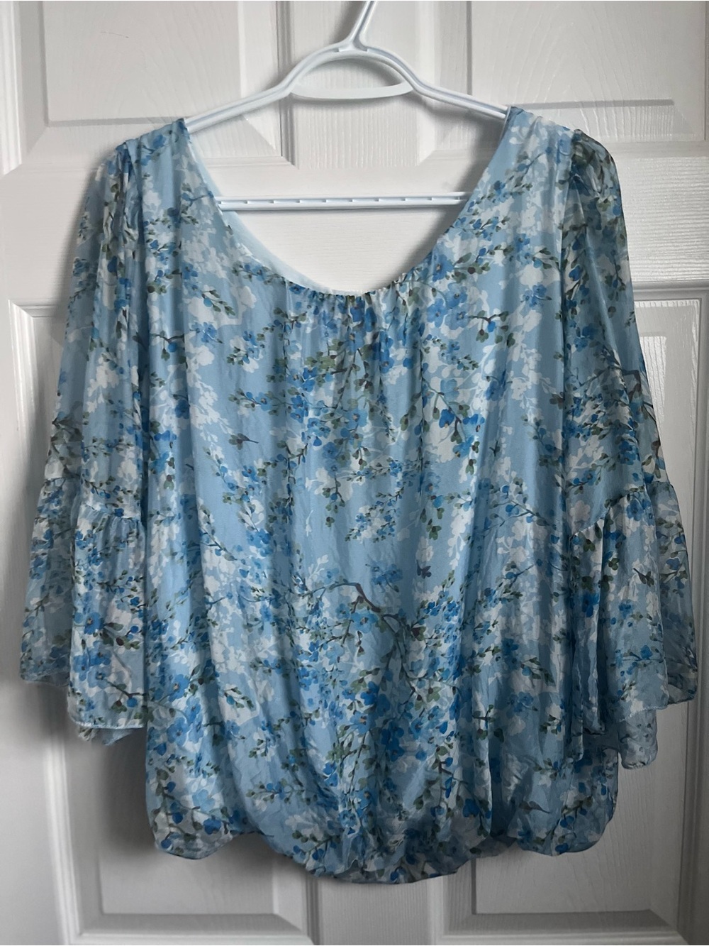 Bellambra Silk Blend Italy Blouse Top Medium Blue Floral Peasant Boho Bohemian - Picture 5 of 6